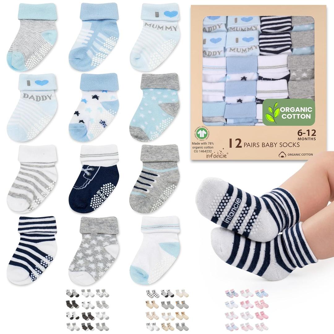 Organic Cotton GOTS Certified Baby Socks Newborn Socks 12 Pairs - (6-12 Months) – Soft And Comfortable Babies Grip Sock, Premium Newborn Baby Sock, Gift For Little Boys