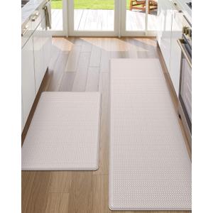 DEXI Kitchen Floor Mats Cushioned Anti Fatigue,17x29+17x59, Standing Runner Rug Waterproof, Comfort Memory Foam Padded for Front Sink Laundry Set of 2, Ivory