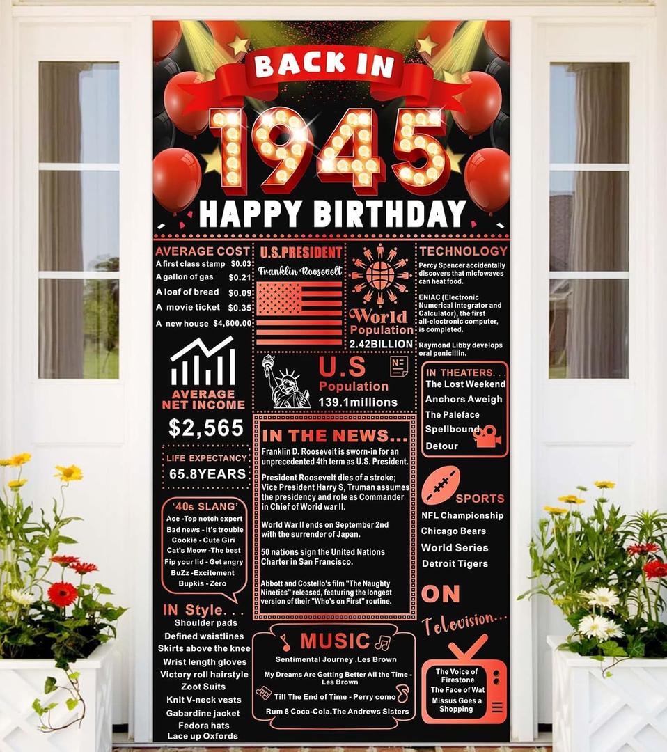 Back In 1945 Red and Black 80th Birthday Decorations Happy 80th Birthday Banner Backdrop Vintage Birthday 80 Years Ago Theme Decor 80th Gifts for Man and Woman 80th Birthday Party Supplies Gold