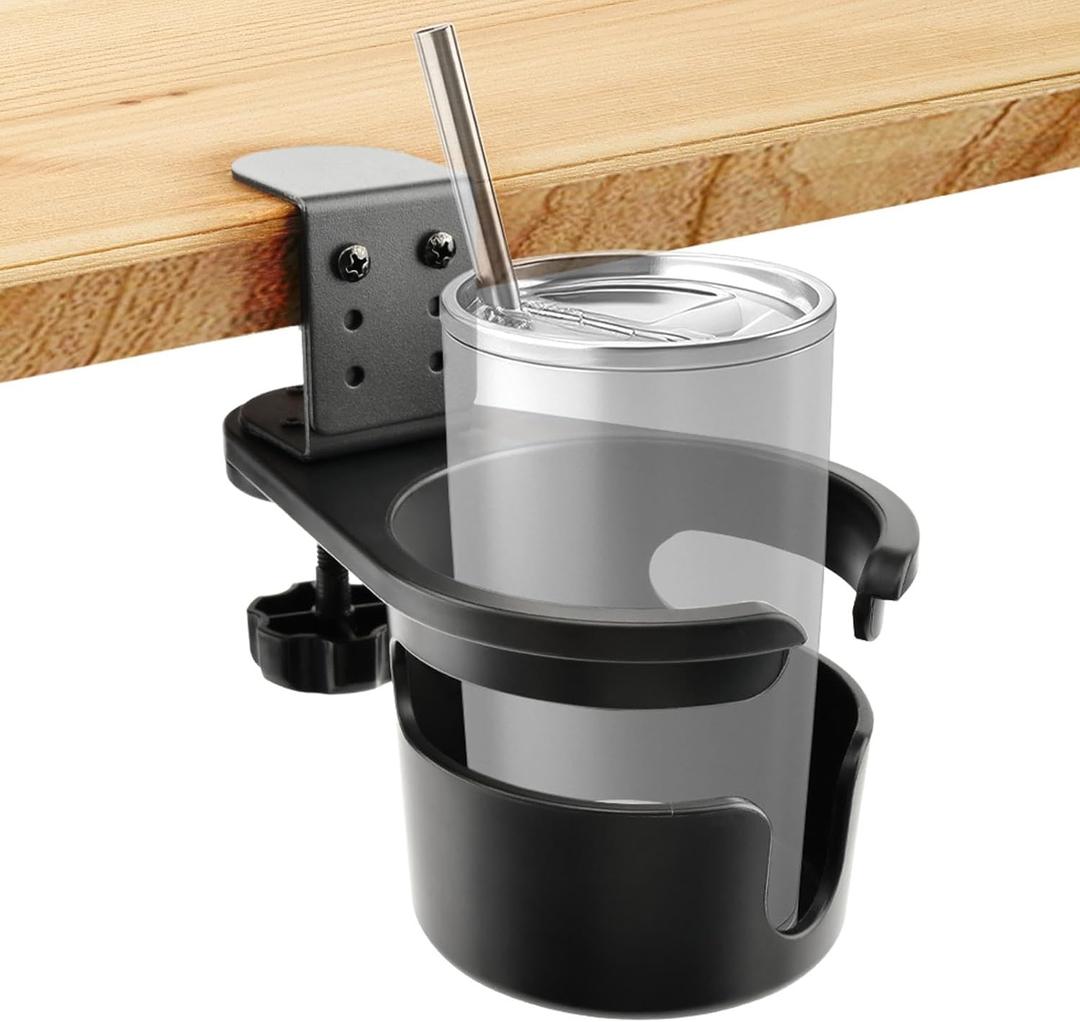 Desk Cup Holder, 360 Rotating Anti-Spill Cup Holder for Desk or Table, Adjustable Clamp Bottles Holder for Gaming Room, Home, Office to Hold Coffee Mugs