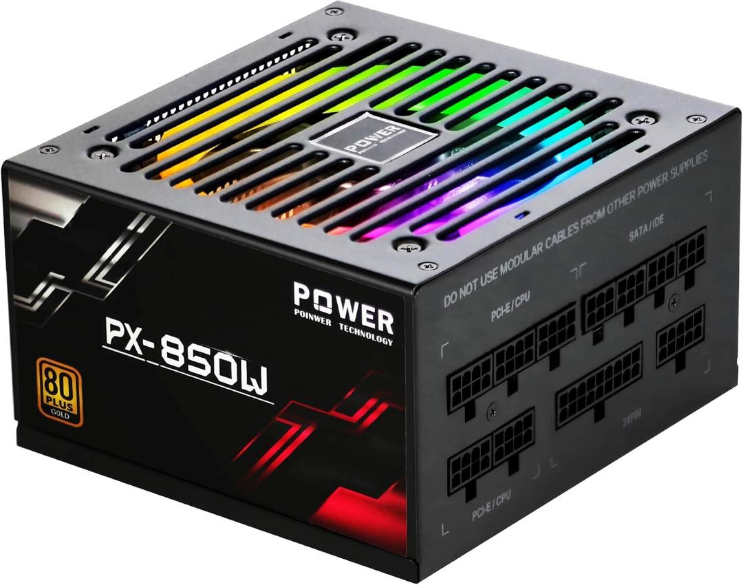 850 Watt Power Supply 80 Plus Gold - Silent 12cm RGB Fan, Full Modular, Active PFC, 105C Capacitor - High-Performance 850W PSU for Gaming & ATX Case Computers, (Black)