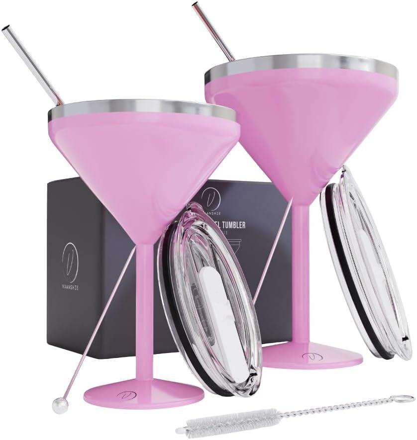 8 oz. Vacuum Sealed Martini Glass - Stainless Steel Ideal for Mother's Day Gift, Insulated Tumbler with Straws, Olive Pins, Straw Cleaner, Insulated Glass for Travelling | Drinkware (Pink)