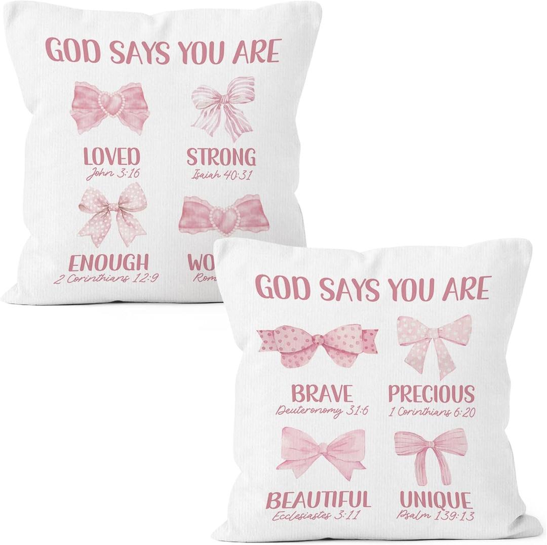Pink Christian Bible Coquette Bow Throw Pillow Covers 18x18 Set of 2, Decor Pillow Cases Gifts for Teen Girls Dorm Nursery Bedroom, God Says You Are Loved Square Pillowcases for Couch Bed Sofa