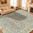 Area Rug for Living Room, 10x12 Large Washable Rugs for Dining Room, Bedroom, Non Slip Stain Resistant Carpet, Low Pile Vintage Floral Rug (Beige Blue)