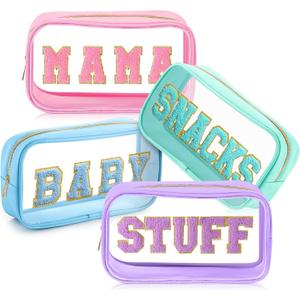4 Pcs Mama and Baby Toiletry Bag Clear Chenille Letter Pouch Snacks Makeup Stuff Travel Diaper Bag Preppy Transparent Pouch with Zipper for Women Gift(Pastel Color)