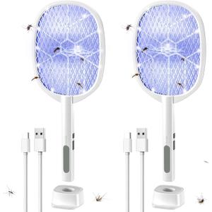 2PACK Electric Fly Swatter,4000V Bug Zapper Racket,2 in 1 Mosquito Zapper Racket with 1200ml Battery Rechargeable Purple Mosquito Killer Lamp with 3 Layers Safety Net Suitable for Indoor and Outdoor