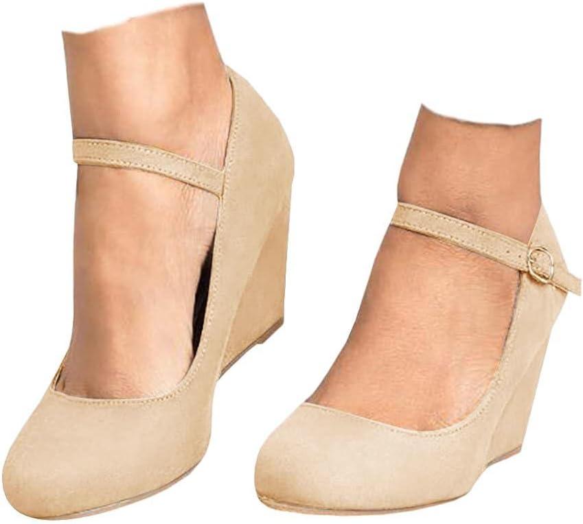 Coutgo Womens Wedge Pumps Dressy Mary Jane Shoes Comfort Wedges Closed Toe Ankle Strap Heeled Shoes (7.5, Nude)