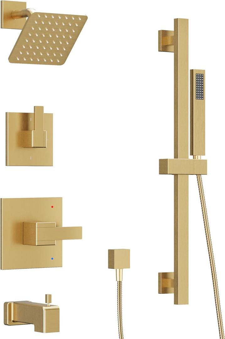 ESNBIA Bathtub Shower System Gold, All Metal Tub Shower Faucet Set with Slide Bar, Wall Mount Shower Combo Set with Shower Valve, 6" Rain Shower Head with Handheld Spray Combo, Brushed Gold (Brushed Gold)
