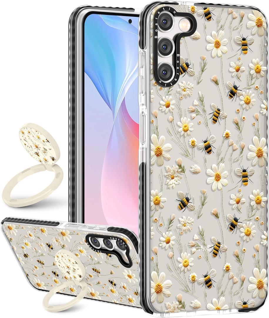 Boaretiu for Samsung Galaxy S23 Case - Cute Kawaii Fashion Cool 360 Rotate Ring Holder Kickstand Floral Bee for Women Girls Boys Teens Girly for Galaxy S23 Case with Stand