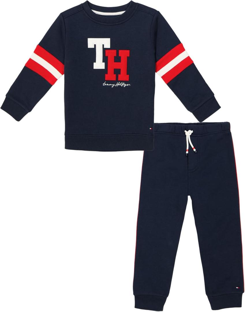 Tommy Hilfiger boys 2pc Knit Jog Set (24 Months, Navy Blazer/Red/Vanilla Ice)