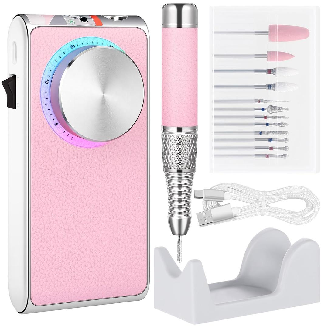 Electric Nail Drill 30000 RPM Brushless Motor, Rechargeable Professional Nail File with Battery & LED Display, Quiet Low-Vibration Nail Drill with 12 Bits for Manicure & Pedicure (Pink)