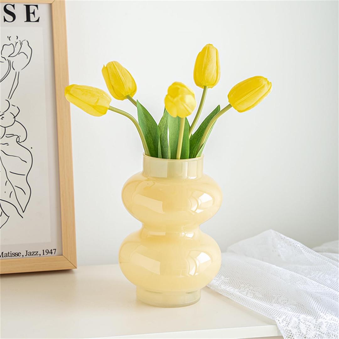 JSPYFITS Glass Hydroponic Flower Vase, Double Balls Colored Glass Bubble Vase for Flower, 7 Inches Glassvase Funky Vase for Home/Office/Weddings/Party Table Flower Dcor (Milky Yellow)