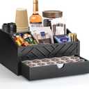 Coffee Bar Organizer with Drawer, Coffee Station Organizer for Countertop, Wood Coffee Bar Accessories Organizer for Coffee Bar Decor, Farmhouse Cup Pod Holder Condiment Organizer(Black)