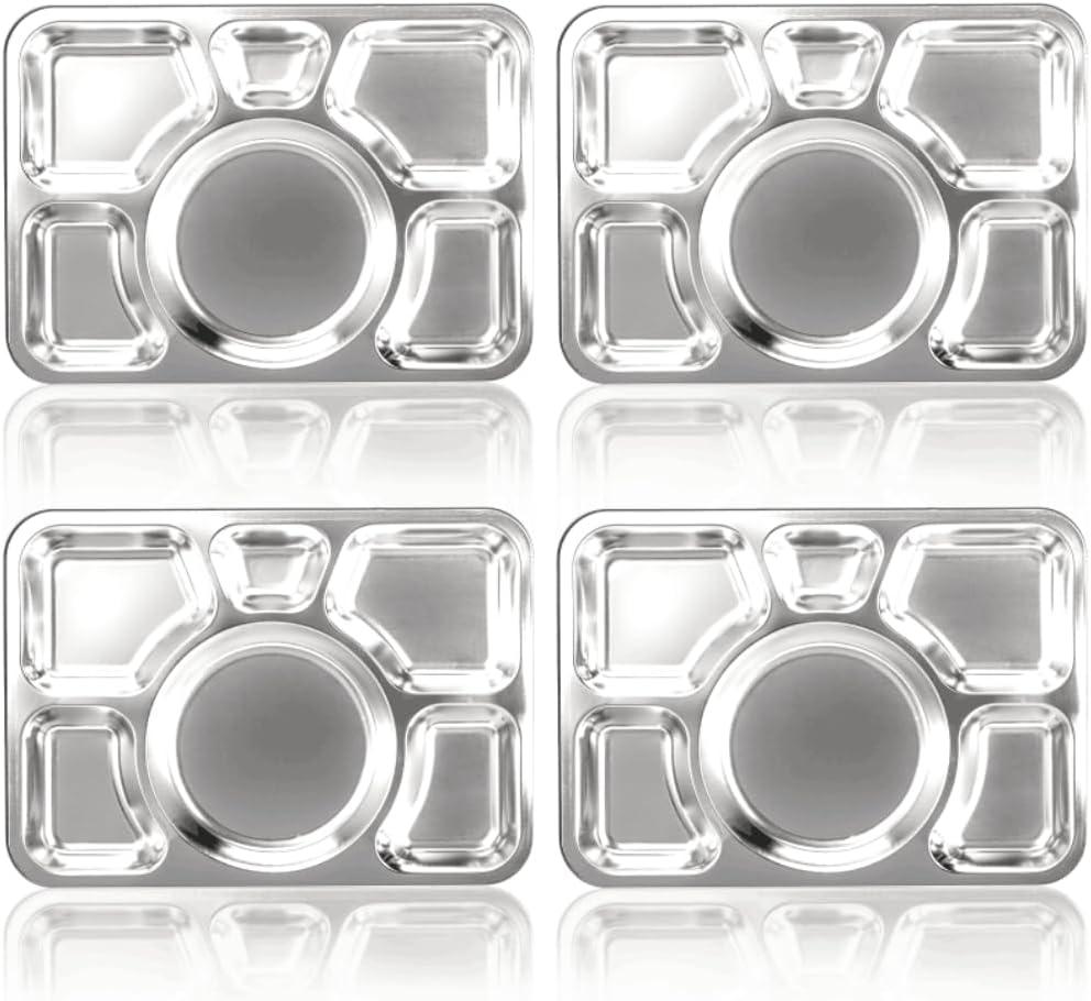 Hacaroa 4 Pack Stainless Steel Divided Dinner Plates, 15x10.6 Inches Snack Serving Plate with 6 Compartment, Metal Food Trays for Adults, Diet Food Portion Control, Picky Eaters