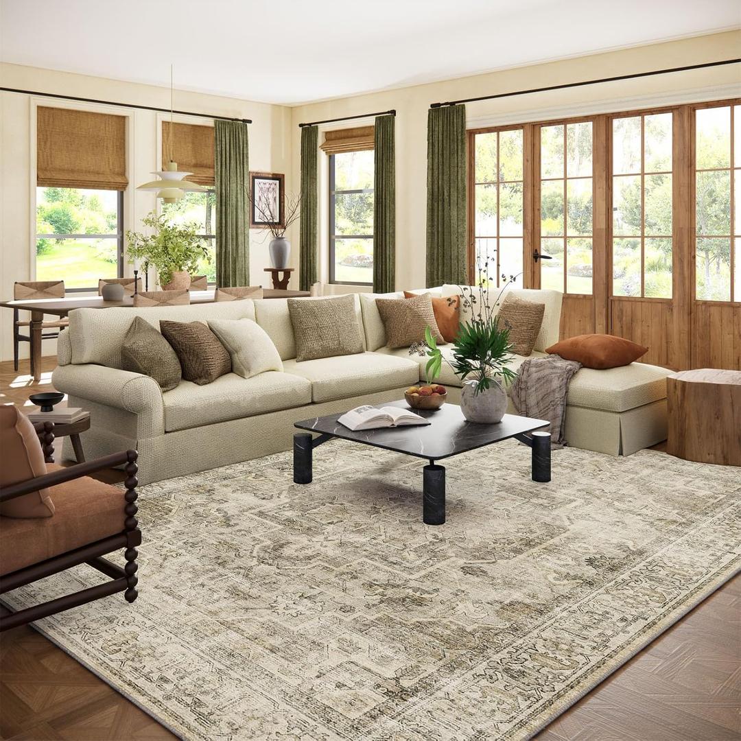Washable Area Rugs for Living Room: 8x10 Bedroom Area Rugs Boho Vintage Rugs Stain Resistant Non Slip Low Pile Soft Lightweight Carpet for Kitchen Dining Room Farmhouse Nursery Kids Room Home Office
