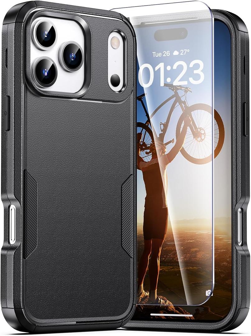 for iPhone 17 Pro Case, 2X Screen Protector, Anti-Drop, 3‑Layer Military Grade Shockproof, Heavy Duty Protective Phone Cover, 6.3-Inch, Black