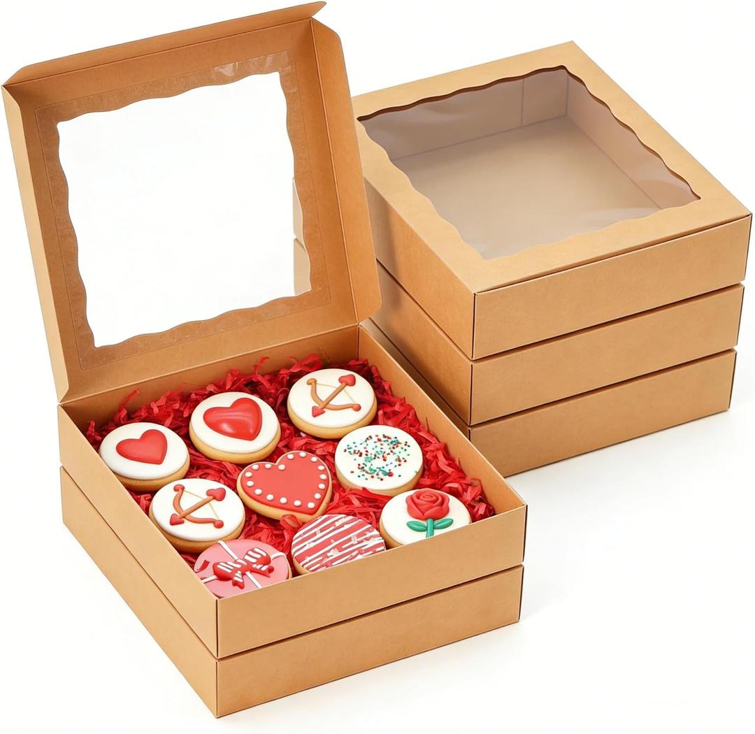 30pcs 8x8x2 Inch Bakery Boxes Cookie Boxes with window Pie Box Chocolate Covered Strawberries Box for Christmas Valentine's Mother's Day (Brown)
