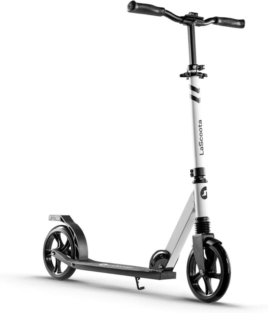 LaScoota Kick Scooter for Kids Ages 6+, Teens & Adults, Large 8" Sturdy Urethane Wheels. Adjustable Handlebar, Lightweight, Foldable, 220lbs Max Load