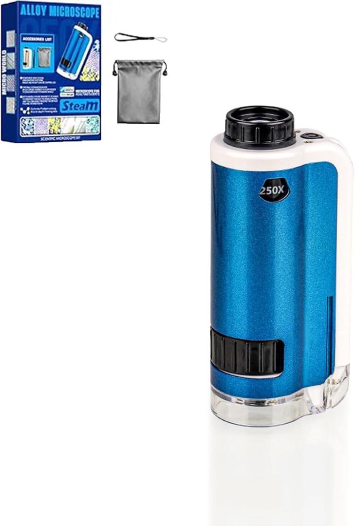 Mini Microscope, 2026 New Mini Pocket Microscope, Portable Handheld Kids Microscope Mini Scope Educational Science Kits with LED Light 100X-250X(Blue)