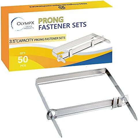 OLYMPX 50 Pcs of 3.5” Capacity Premium Metal Prong Paper Fastener Complete Set, 2.75 Inch Base with Standard 2-Hole Punch Compressor for Paper File Folder, 50 per Box