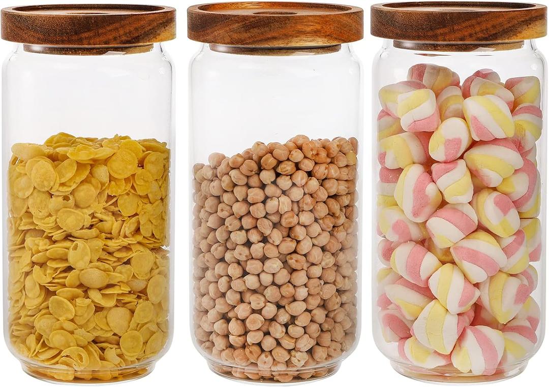 Bekith 3 Pack Glass Storage Containers with Airtight Seal Acacia Wood Lids, 31.6 FL OZ (950ml) Clear Glass Food Storage Jars for Kitchen, Glass Pantry Canister for Spaghetti Pasta, Coffee, Beans