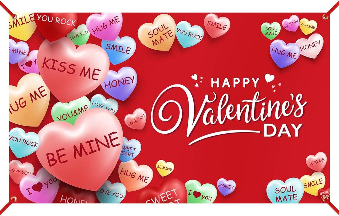 Extra Large Happy Valentines Day Backdrop Banner 73 x 43.3 Inch Conversation Heart Romantic Love Background Valentines Backdrops Photo Booth Props for Photography Anniversary Party Decoration