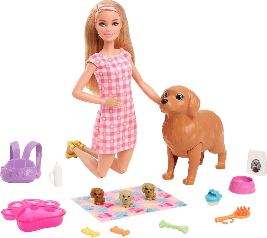 Barbie Doll & Pets Set, Blonde with Mommy Dog, 3 Newborn Puppies with Color-Change Feature & Pet Accessories (1 count (pack of 1)) Barbie Doll & Pets Set, Blonde with Mommy Dog, 3 Newborn Puppies with Color-Change Feature & Pet Accessories (1 count (pack of 1))
