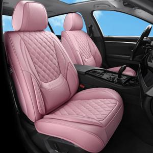 Car Seat Covers Full Set Pink, Luxury Faux Leather Car Seat Covers Waterproof Non-Slip Seat Protector Universal Fit for Most Cars SUVs Trucks Pick-ups, Cute Pink Car Accessories for Women (Pink-Full Set)