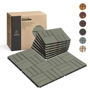10 Pcs Interlocking Deck Tiles, Patio Flooring - Outdoor Waterproof Acacia Wood Tiles for All Weather Use - Balcony, Backyard, Indoor & Outdoor (Green, 10 Pcs - 12.1 Square Ft) (Green Crossed Pattern)