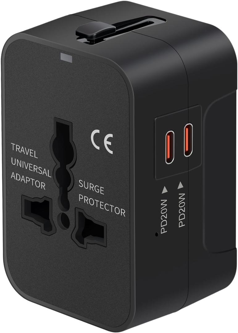Universal Travel Adapter Fast Charger, All in One Plug Adapter With 2 USB-C PD20W GaN Worldwide Power Adapter International Wall Charger Foldable Plug Converter Travel Essential for Europe UK AUS Asia