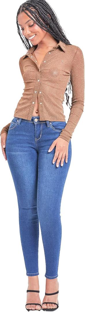 YMI Women's Juniors Mid-Rise Wannabettabutt Skinny Jeans, Midnight Sky Blue, 7
