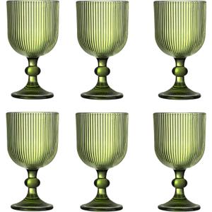12 Pcs Green Vintage Wine Glasses, 11 Ounces Colored Glass Water Goblets, Unique Embossed Pattern High Clear Stemmed Glassware Wedding Party Bar Glass Drinking Cups Fancy Glasses Vertical Line Set