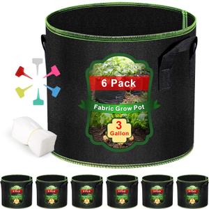 3 Gallon Grow Bags 6 Pack - Thickened Nonwoven Aeration Planter Bags with Handles, Plant Tags & Seedling Bags, Chili Vegetable Gardening Fabric Pots