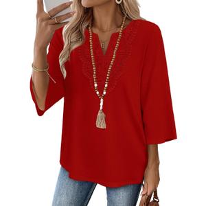 WIHOLL 3/4 Length Sleeve Womens Tops Boho V Neck Lace Shirt Trendy Blouses Dressy Casual Vacation Clothes XL