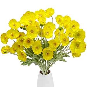 VIKINGS PANDA 12PCS Poppy Flowers Artificial 13" Real Touch Stems Faux Poppies Silk Flowers for Home Decor Indoor (Yellow)