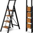 4 Step Ladder,Lightweight Folding Step Stool with Aluminum Wide Pedal& Convenient Handgrip,330lbs Capacity Steel Ladder for Household and Office(Black &Woodgrain)