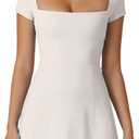 QINSEN Womens Square Neck Tennis Dress Short Sleeve Built in Shorts Golf Athletic Dress with Pockets (Beige, M)