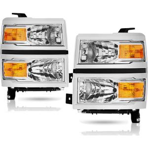 Headlights Assembly Replacement for 2014 2015 Chevy Silverado 1500 Halogen Head Light Headlamp Driver & Passenger Side, Chrome Housing Amber Corner