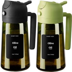 SWEET VIEW 2PCS Olive Oil Dispenser and Oil Sprayer 16oz/470ml Glass Light-Proof Oil Pourer for Kitchen Air Fryer, Cooking, Salad, and BBQ, with Stickers