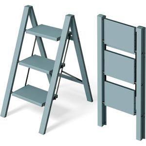 HillhutApex 3 Step Stool, Aluminum Foldable Step Ladder, Lightweight Stable Stool with Wide Non-Slip Pedals, 330lbs Bearing Capacity Ladder for Office,Home,Kitchen - Light Blue