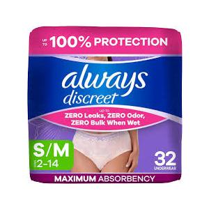 Always Discreet Adult Diapers for Women, Incontinence Underwear, Postpartum Essentials, Disposable Briefs, Max Absorbency, Bladder Leak Protection, Small/Medium, 32ct