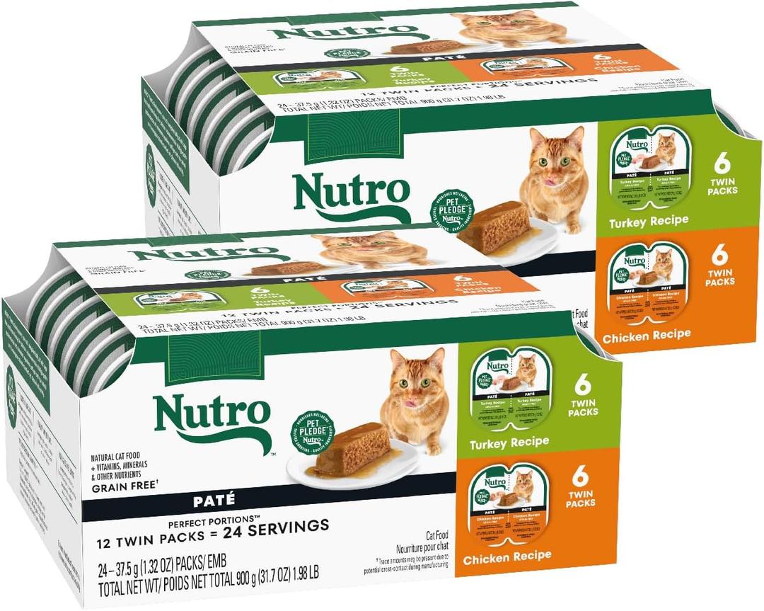 Nutro Wet Cat Food Pate Multipack: Cat Food Wet Turkey Recipe and Chicken Recipe, 2.64 oz. Trays (12 Count, Pack of 2), Best By: 10/10/2026