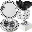Yungyan 194 Pcs Black Bow Party Supplies Includes Black Bow Plates Napkins Forks Cups Black and White Party Decorations Black Bow Disposable Tableware Set for Bachelorette Bridal Engagement, Serve 24