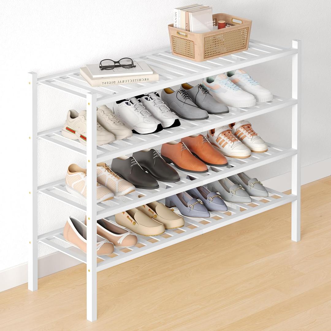 Smiry Bamboo Shoe Rack for Closet, 4 Tier Long Wooden Stackable Shoe Organizer, Free Standing Shoes Storage Shelf for Entryway, Front Door Entrance, White