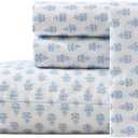 Laura Ashley - Queen Bed Sheets, Crisp & Cooling Sheets w/a Naturally Smooth Cotton Percale Lightweight Feel - Matching Pillowcases & Deep Pocket Fitted Sheet (Francesca Blue)