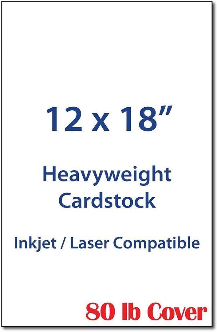 12" x 18" Cardstock Sheets For Inkjet or Laser Printers - Heavy 80lb Cover Matte Finish White - Great for Flyers, Menu's, Posters, Covers (50 Sheets)