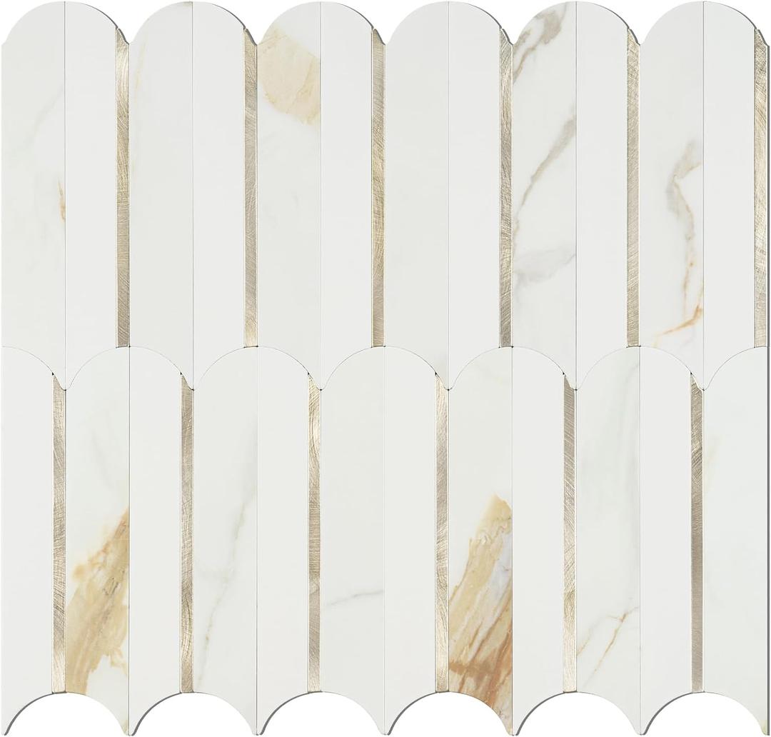 Vamos Tile Peel and Stick Backsplash Seamless Tile,10 Sheets Stick on Backsplash for Kitchen & Bathroom, Calacatta Gold+Matt Pure White Marble Look PVC+ Light Gold Self Adhesive Backsplash Tile