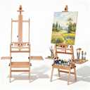 Wood H-Frame Easel, Large Painting Easel with Storage Box and Palette, Solid Beech Wood Made Professional Foldable Studio Art Easel Stand for Painting, Holds Canvas up to 50"