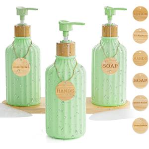 Shampoo and Conditioner Dispenser Set of 3, 16OZ Refillable Green Shampoo and Conditioner Bottles Extra-Thick Plastic Empty Body Wash Dispenser with Pump and Tray Tags Bathroom Shower Soap Dispenser