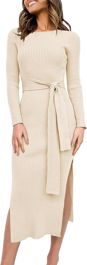 ANRABESS Womens Long Sleeve Sweater Dress Crew Neck Slim Fit Slit Tie Waist 2025 Ribbed Knit Bodycon Midi Dress Fall Outfits (Small, Beige)